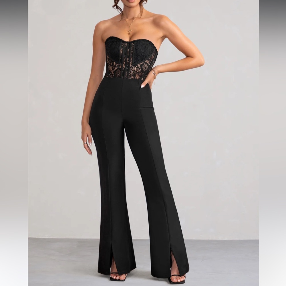 Club L London Black Strapless Lace Corset Flared Leg Jumpsuit